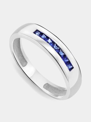 Sterling Silver & Blue Created Sapphire Men's Wedding Band