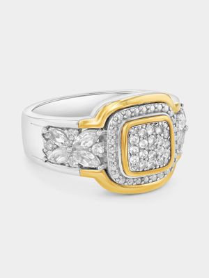 Yellow Gold & Sterling Silver White Sapphire Cushion Nature Ring