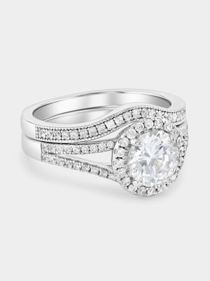 Sterling Silver Cubic Zirconia Round Halo Triple Set Ring