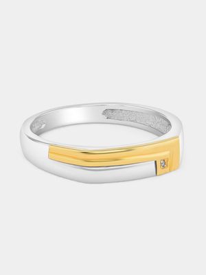 Yellow Gold & Sterling Silver Diamond Geometric Groove Ring