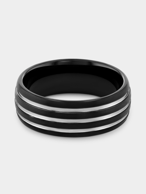 Silver & Black Plated Tungsten Stripes Ring