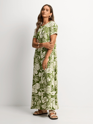 Women's Green Foliage Maxi T-Shirt Dress