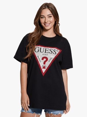 Women's Guess Black Shiny Triangle T-Shirt