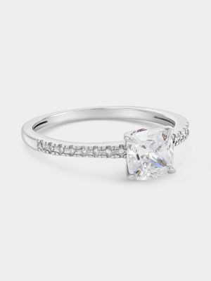 White Gold Moissanite Pavé Cushion Solitaire Women’s Ring