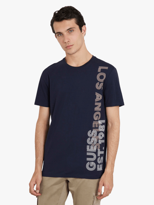 Men's Guess Blue Vertical Logo T-Shirt