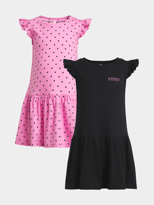 Older Girl's Black & Pink Spot 2-Pack Dresses