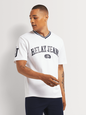 Men's Relay Jeans Striped Rib Baseball White T-Shirt