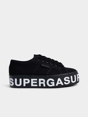 Womens Superga 2790 Lettering Platform Black Sneakers