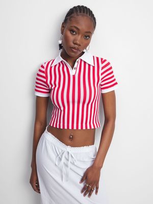 Women's Red & White Johnny Collar Top