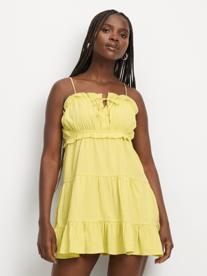 Women's Yellow Ruffled Tiered Mini Dress