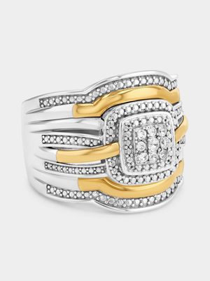 Yellow Gold & Sterling Silver Diamond Cushion Halo Bold Ring