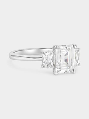 White Gold Moissanite Emerald-Cut Trilogy Ring