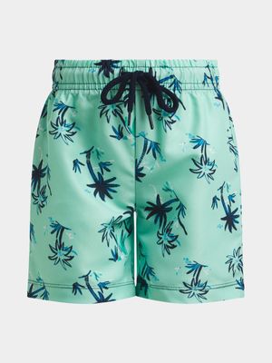 Older Boy's Aqua Palm Print Swim Shorts