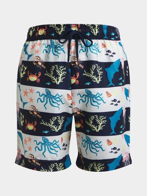 Older Boy's White & Navy Marine Life Swim Shorts