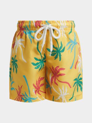 Younger Boy's Yellow Palm Tree Swim Shorts