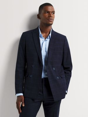 Men's Markham Skinny Double Breasted Windowpane Navy Suit Jacket