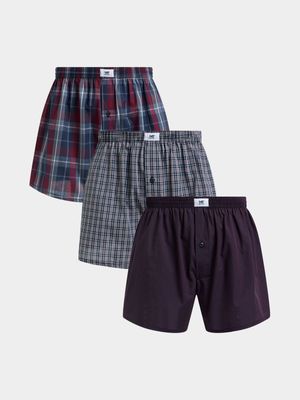 Men's Markham 3 Pack Check Burgundy/Navy Boxers