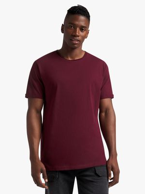 Men's Markham Raw Edge Crew Neck Basic Burgundy T-Shirt