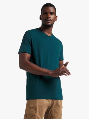 Men's Markham Raw Edge Cross Over V-Neck Basic Forest Green T-Shirt