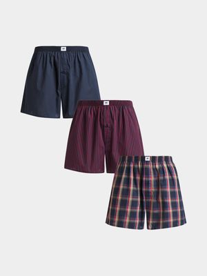 Men's Markham 3 Pack Check Stripe Navy/Burgundy Boxers