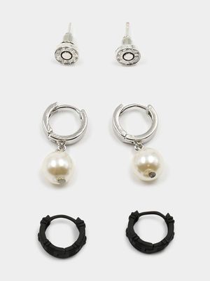 Men's Markham 3 Pack Pearl and Black Huggy Earrings