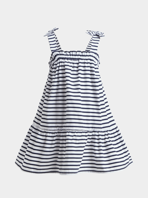 Younger Girl's Navy & White Striped Tiered Bow Dress