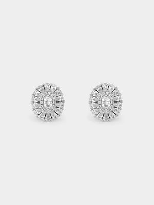 Sterling Silver White Sapphire Oval Petal Halo Stud Earrings