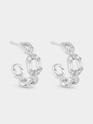 Sterling Silver Cubic Zirconia Paperclip Half Hoop Earrings