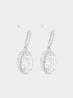 Sterling Silver Cubic Zirconia Oval Halo Drop Earrings