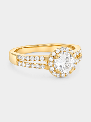 Gold Plated Sterling Silver Cubic Zirconia Round Halo Split-Shank Ring