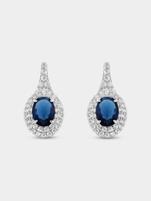 Sterling Silver Blue Cubic Zirconia Oval Double Halo Drop Earrings