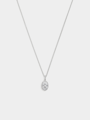 Sterling Silver Cubic Zirconia Oval Halo Pendant