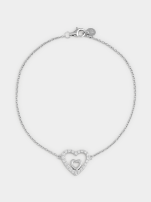 Sterling Silver Cubic Zirconia Dual Heart Bracelet