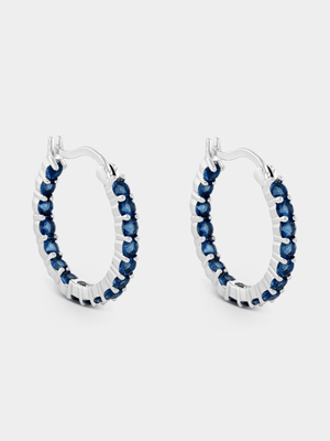 Sterling Silver Sapphire Blue Cubic Zirconia Channel Hoop Earrings