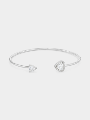 Sterling Silver Cubic Zirconia Dual Heart Open Bangle