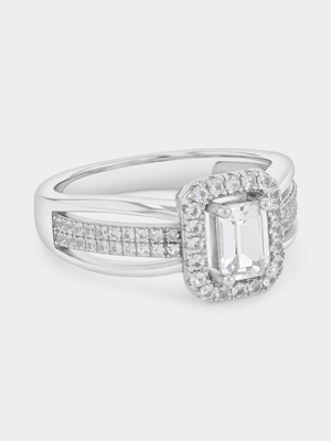 Sterling Silver White Sapphire Rectangle Halo Ring