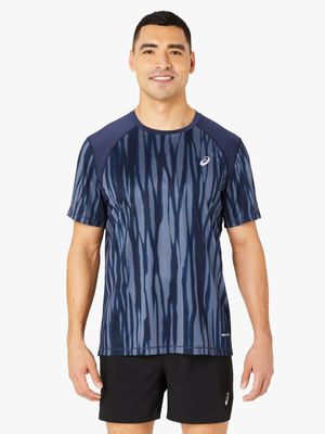 Mens Asics Road All Over Print Blue Short Sleeve Top