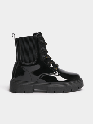 Jet Younger Girls Black Patent Utility Boot
