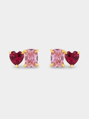 Gold Plated Sterling Silver Pink & Red Cubic Zirconia Stud Earrings