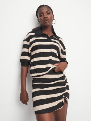 Women's Black & Brown Stripe Co-Ord Cut & Sew Oversized Collar Top