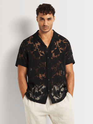 Fabiani Men's Black Sheer Floral Design Shirt