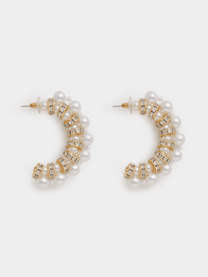 Pearl Diamante Glam Hoop Earrings