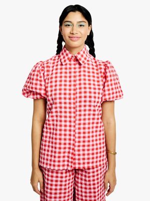 Women's Me&B Red & White  Concelaed Front Balloon Sleeve Shirt