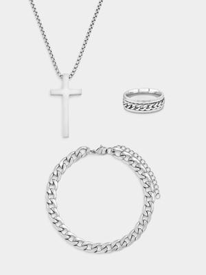 Stainless Steel Cross Pendant, Bracelet & Ring Set