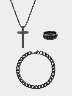 Black Plated Stainless Steel Cross Pendant, Bracelet & Ring Set