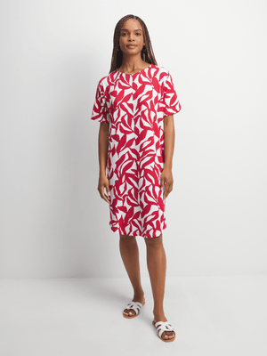 Women's Red Leaf Print T- Shirt Dress