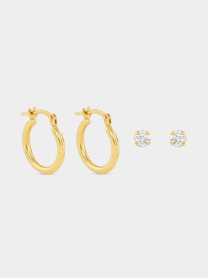 9ct Yellow Gold & Sterling Silver Cubic Zirconia Hoop & Stud Earrings Set