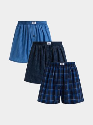 Men's Markham 3 Pack Woven Check Mocro Blue Boxer