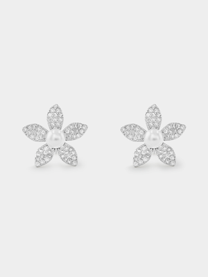 Sterling Silver Freshwater Pearl Flower Stud Earrings