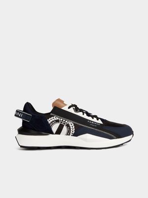 Fabiani Men's Navy Leather and Mesh Logo Runner